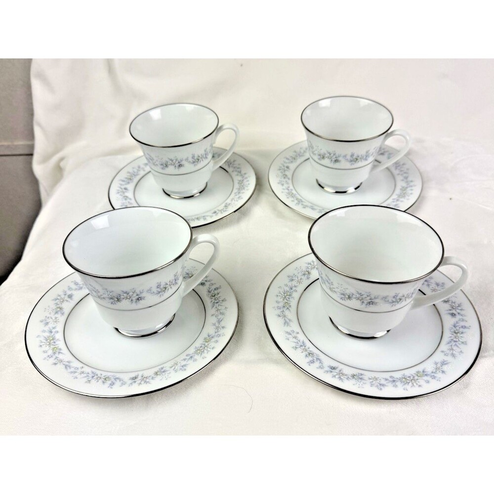 Noritake Marywood 2181 Set Of 4 Fine China Footed Cup & Saucer Flowers